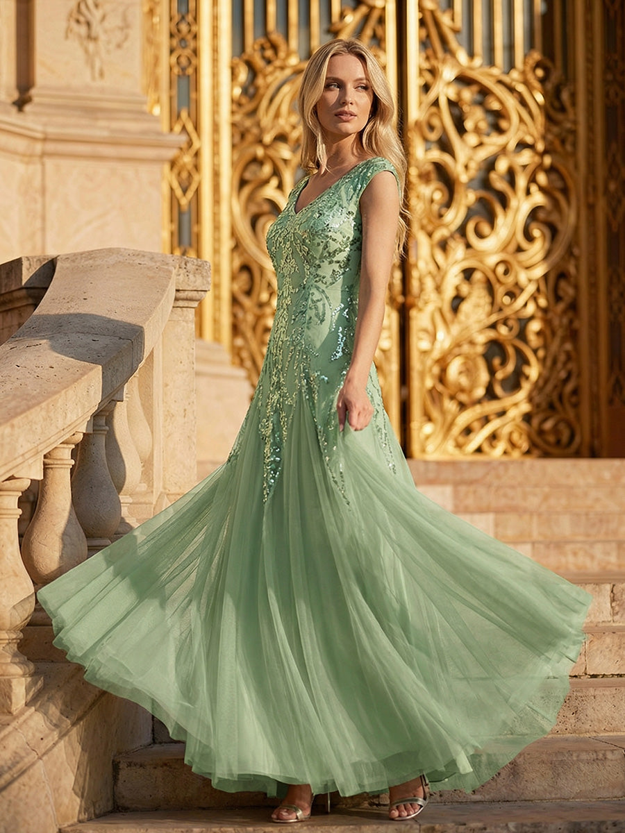 robe longue sans manches décolletée en V brodée de fleurs en A #Couleur_Menthe Verte