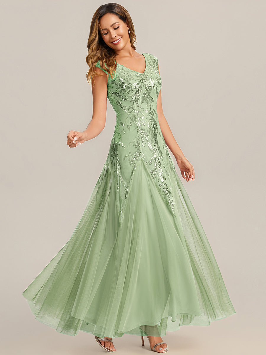 robe longue sans manches décolletée en V brodée de fleurs en A #Couleur_Menthe Verte