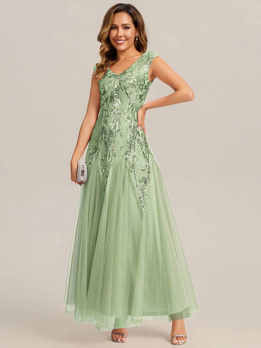 robe longue sans manches décolletée en V brodée de fleurs en A #Couleur_Menthe Verte