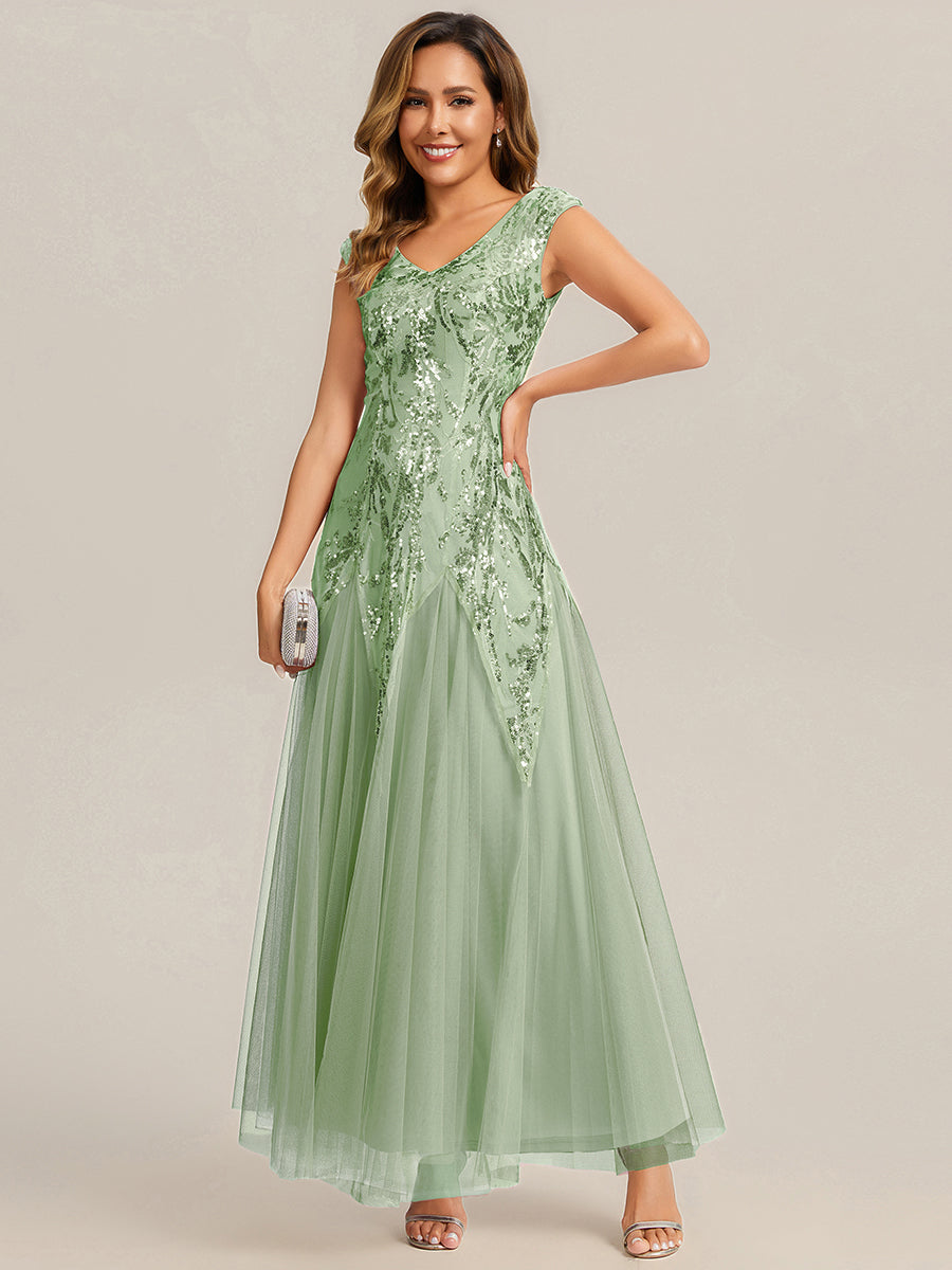 robe longue sans manches décolletée en V brodée de fleurs en A #Couleur_Menthe Verte