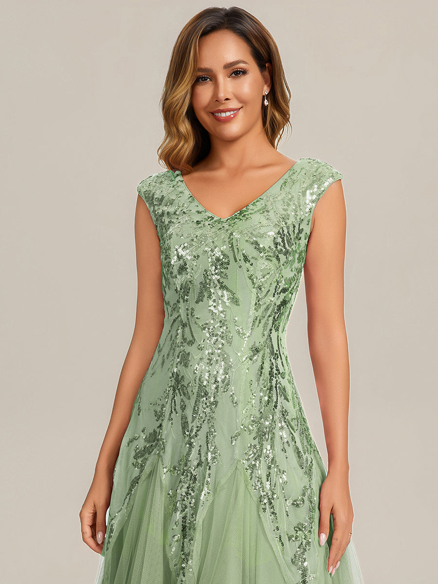 robe longue sans manches décolletée en V brodée de fleurs en A #Couleur_Menthe Verte