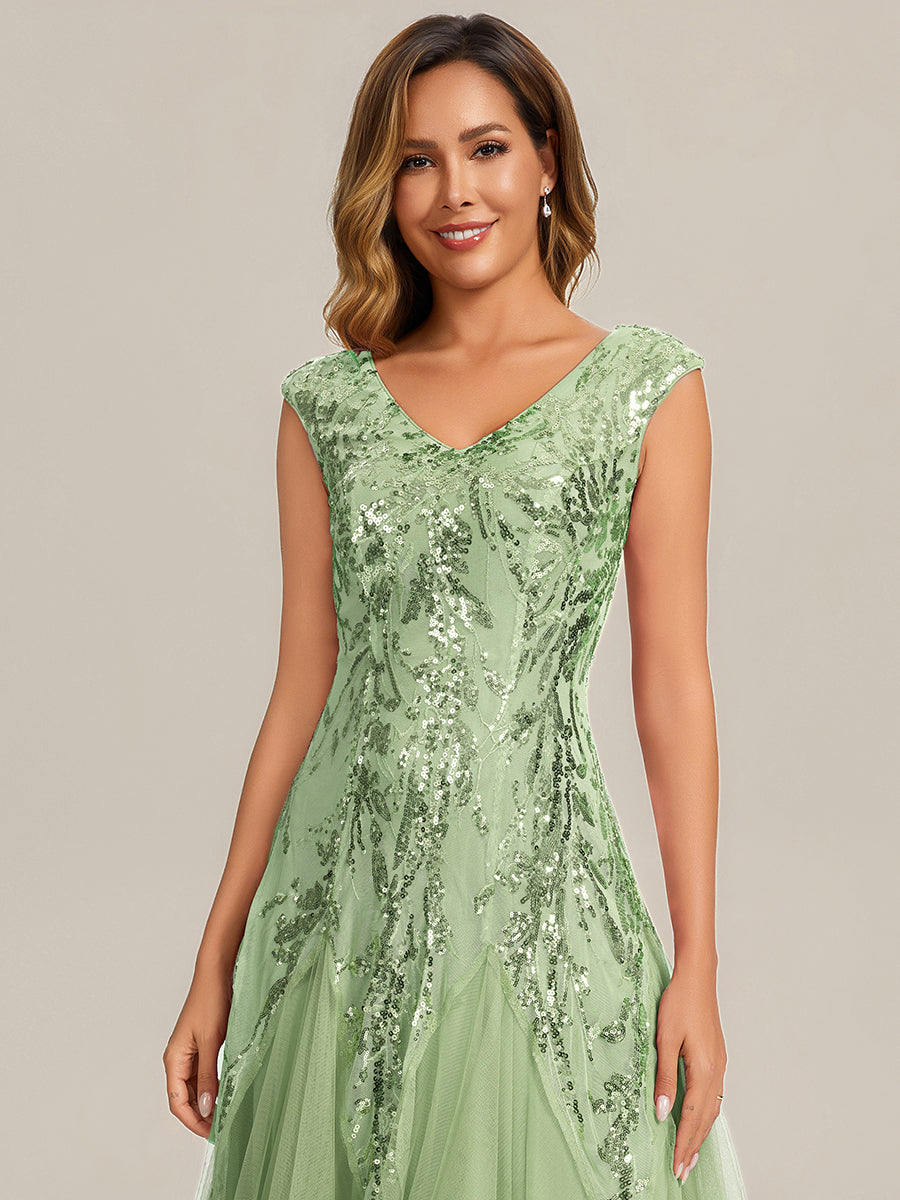 robe longue sans manches décolletée en V brodée de fleurs en A #Couleur_Menthe Verte