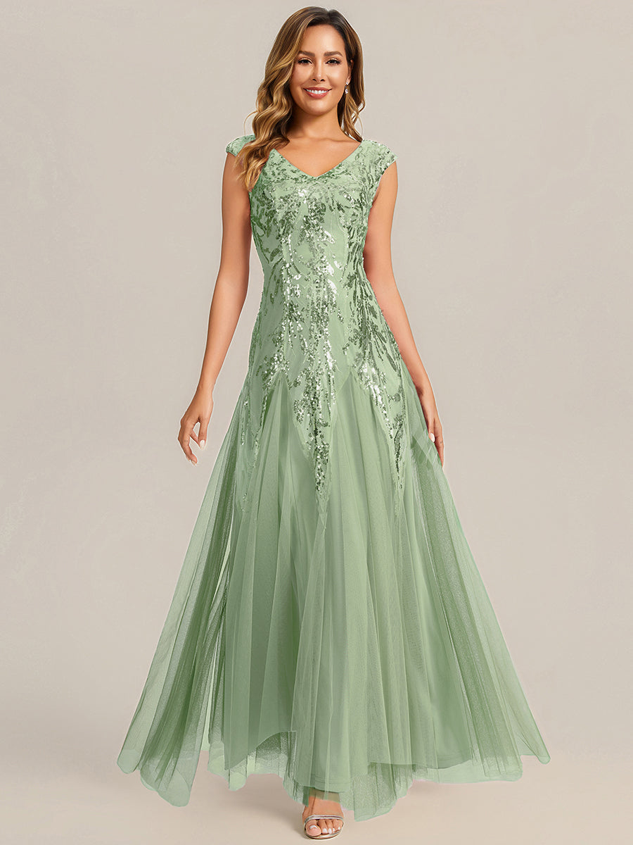 robe longue sans manches décolletée en V brodée de fleurs en A #Couleur_Menthe Verte