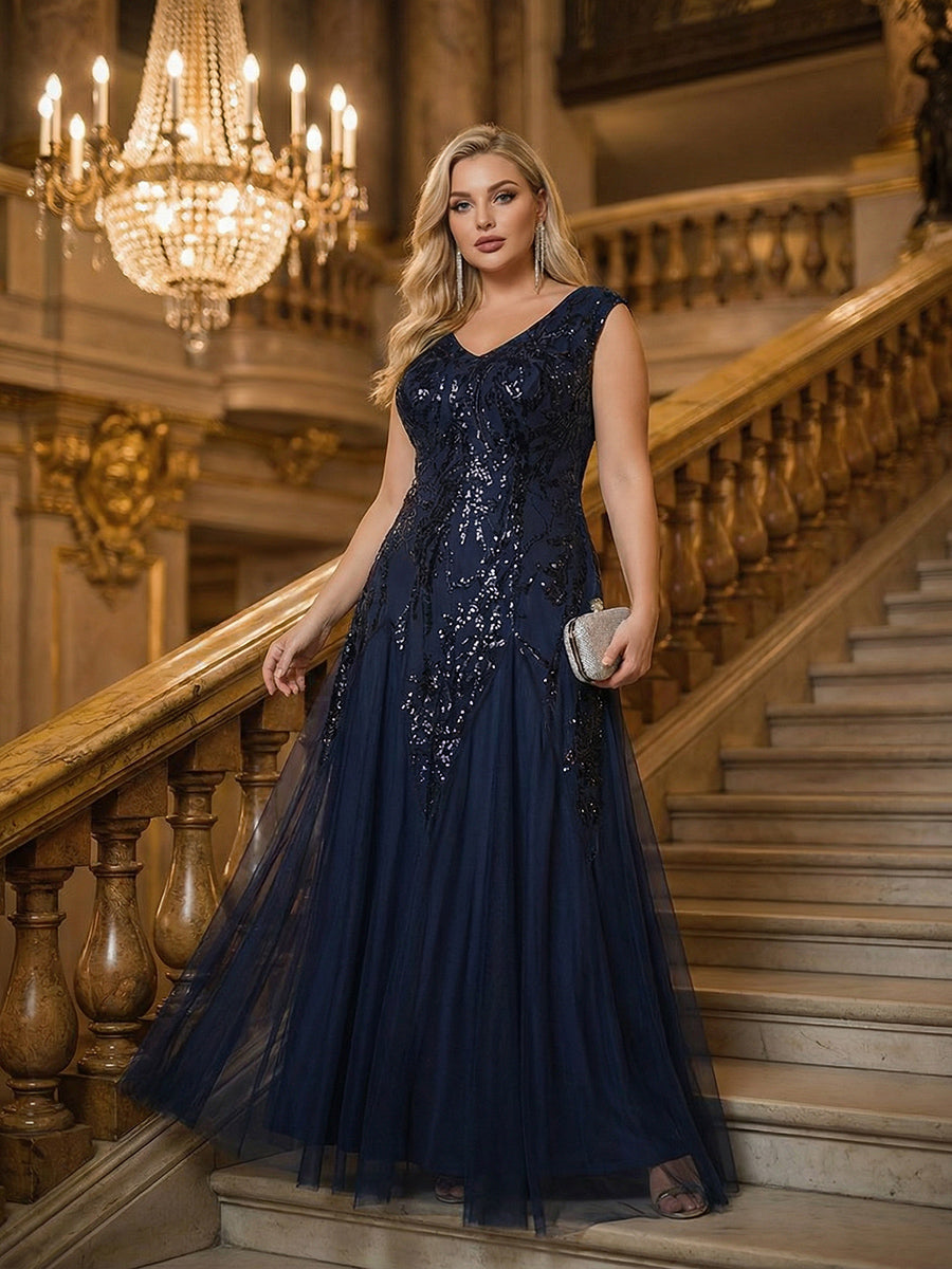 robe longue sans manches décolletée en V brodée de fleurs en A #Couleur_Bleu Marine
