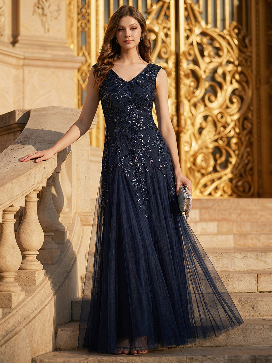 robe longue sans manches décolletée en V brodée de fleurs en A #Couleur_Bleu Marine