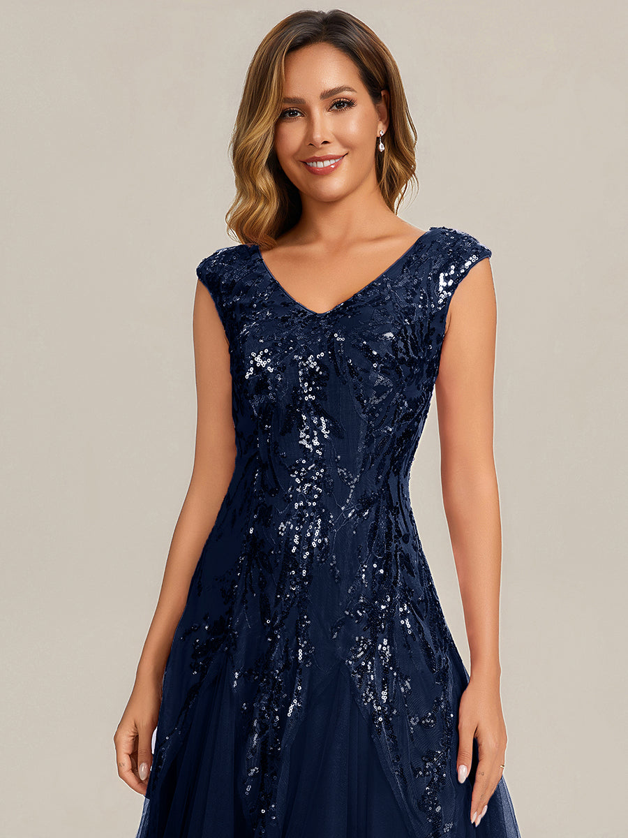 robe longue sans manches décolletée en V brodée de fleurs en A #Couleur_Bleu Marine