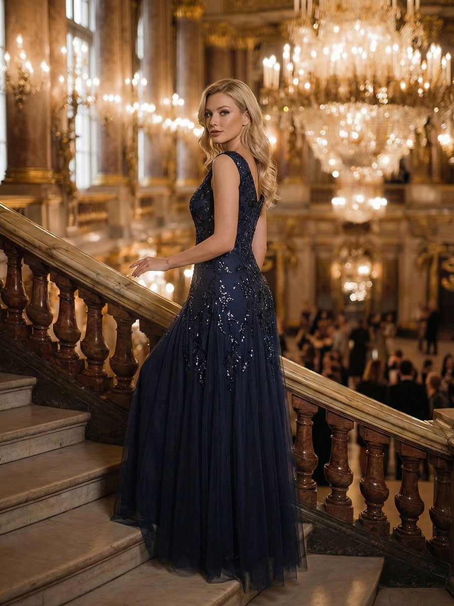 robe longue sans manches décolletée en V brodée de fleurs en A #Couleur_Bleu Marine