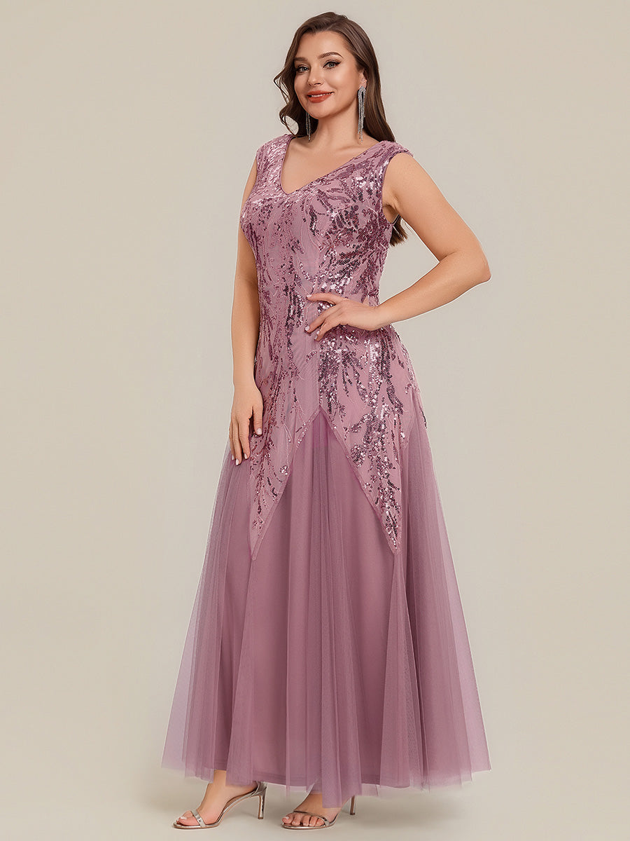 robe longue sans manches décolletée en V brodée de fleurs en A #Couleur_Orchidee