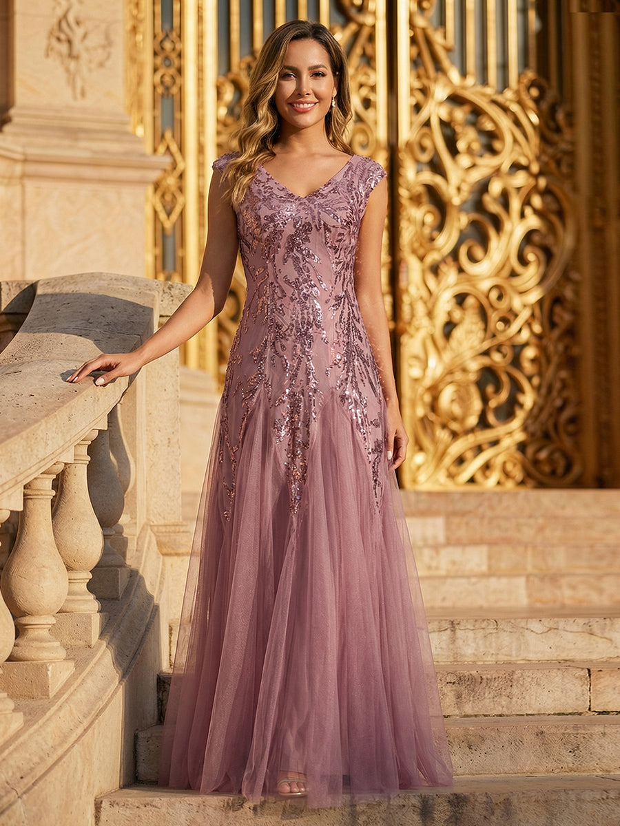 robe longue sans manches décolletée en V brodée de fleurs en A #Couleur_Orchidee