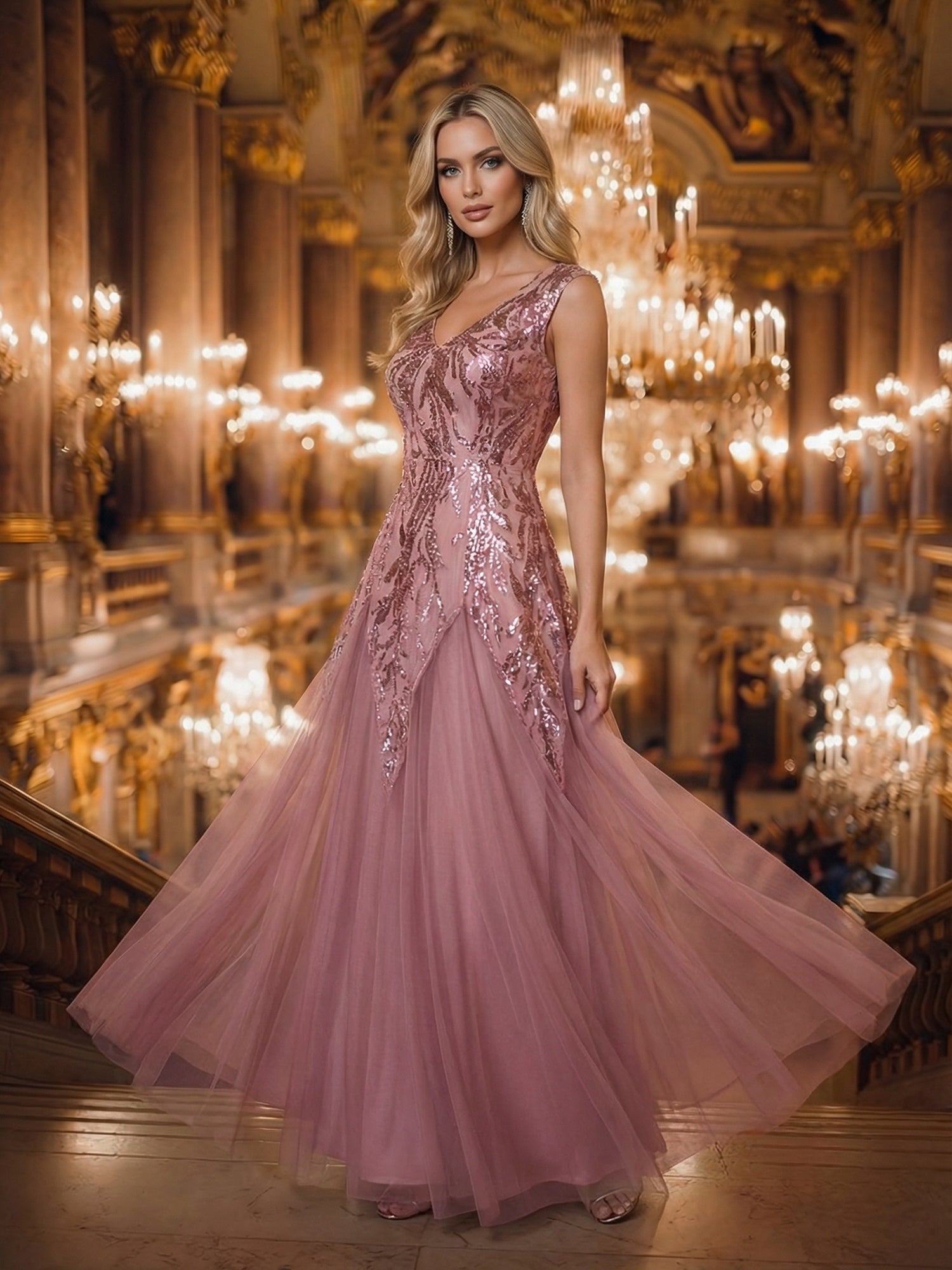 robe longue sans manches décolletée en V brodée de fleurs en A #Couleur_Orchidee