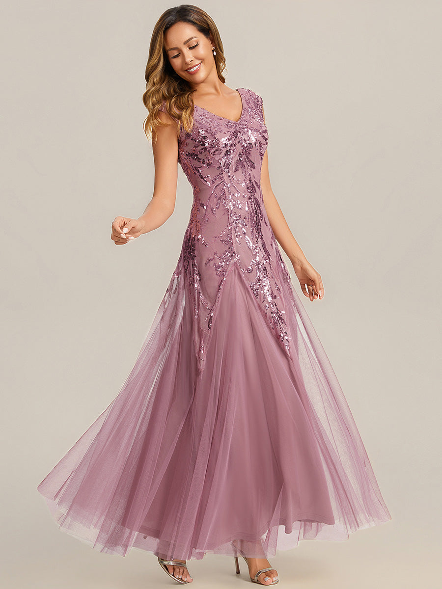 robe longue sans manches décolletée en V brodée de fleurs en A #Couleur_Orchidee