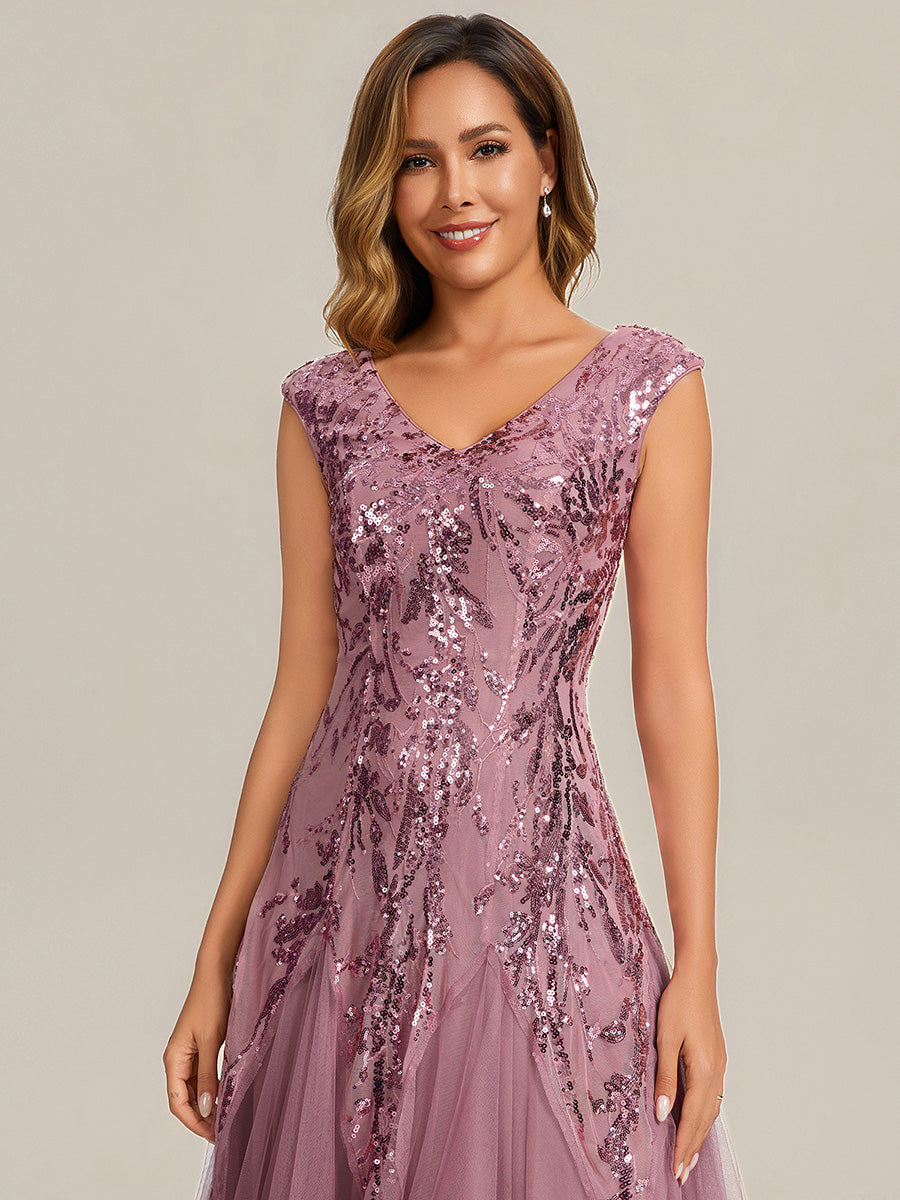 robe longue sans manches décolletée en V brodée de fleurs en A #Couleur_Orchidee