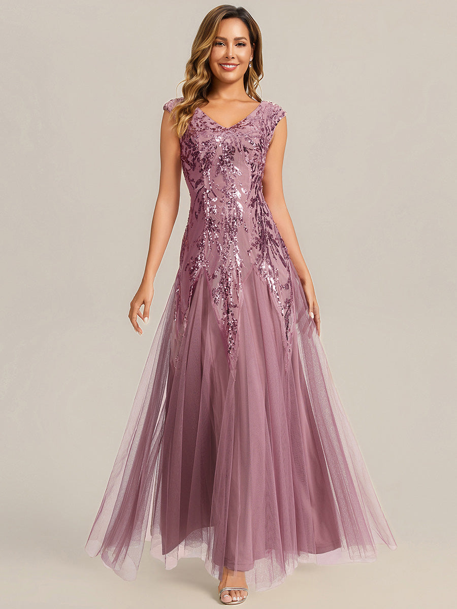 robe longue sans manches décolletée en V brodée de fleurs en A #Couleur_Orchidee