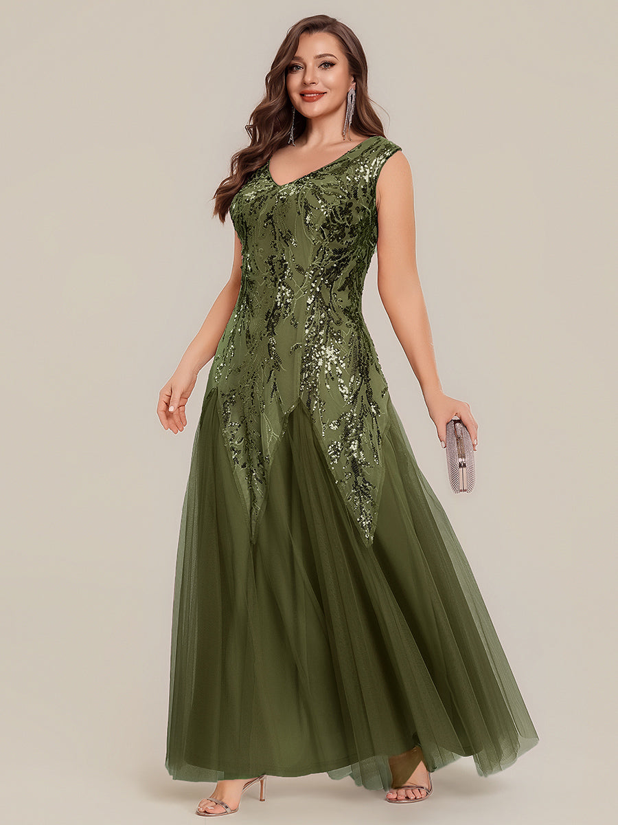 robe longue sans manches décolletée en V brodée de fleurs en A #Couleur_Vert Olive