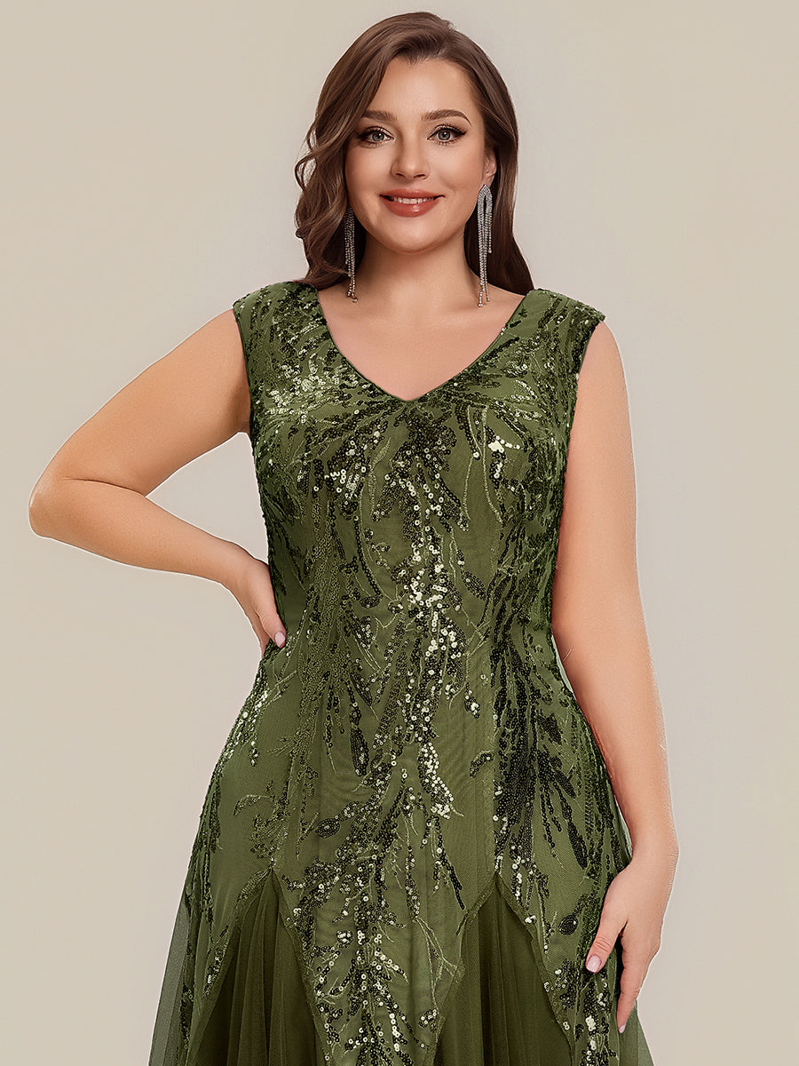 robe longue sans manches décolletée en V brodée de fleurs en A #Couleur_Vert Olive