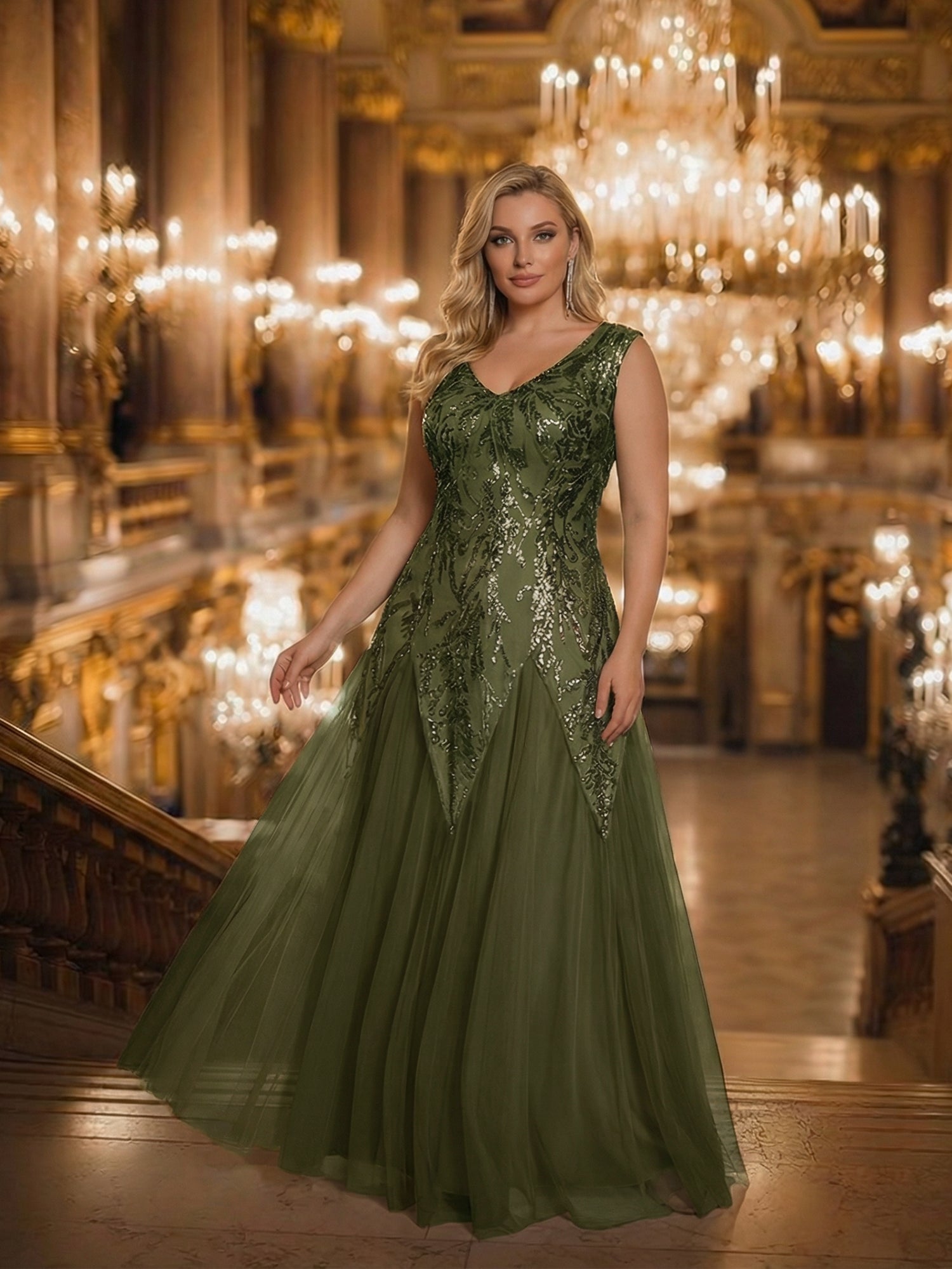 robe longue sans manches décolletée en V brodée de fleurs en A #Couleur_Vert Olive
