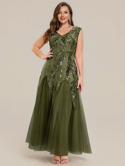 pretty FREYA|Robe Longue de Soirée Grande Taille Col V avec Broderies et Détails Brillants