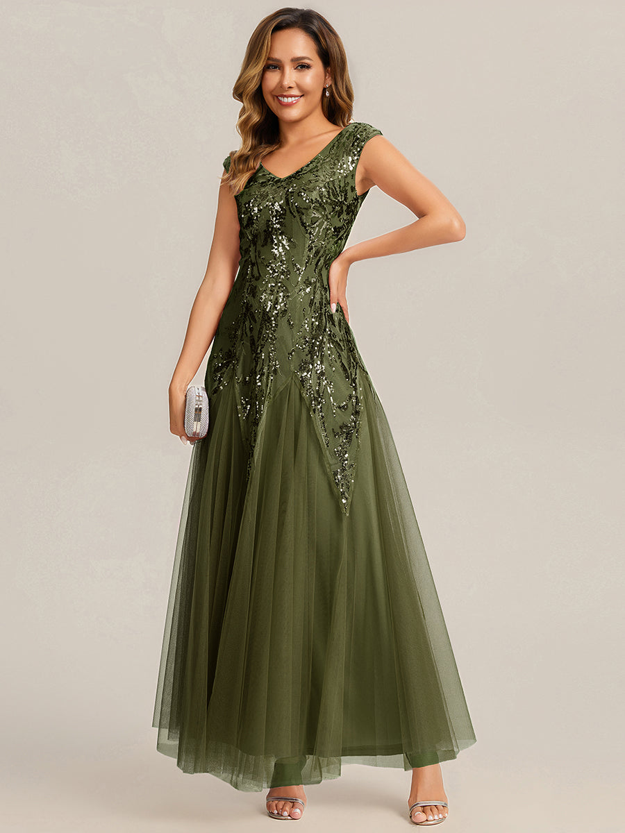 robe longue sans manches décolletée en V brodée de fleurs en A #Couleur_Vert Olive