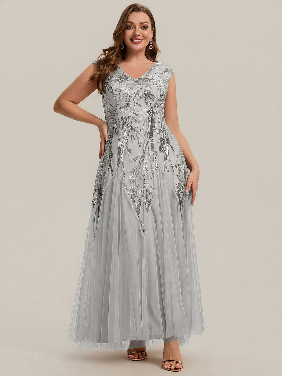 robe longue sans manches décolletée en V brodée de fleurs en A #Couleur_Argent