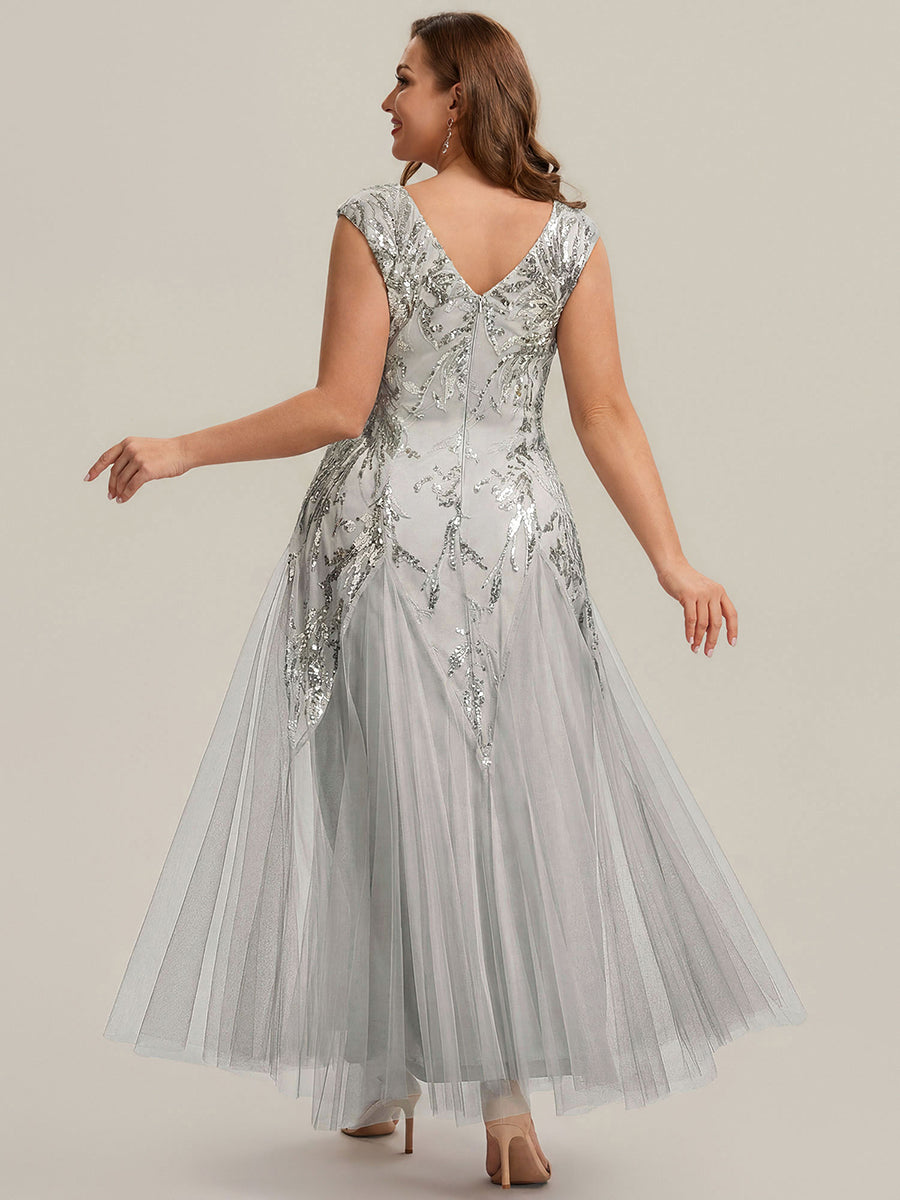 robe longue sans manches décolletée en V brodée de fleurs en A #Couleur_Argent