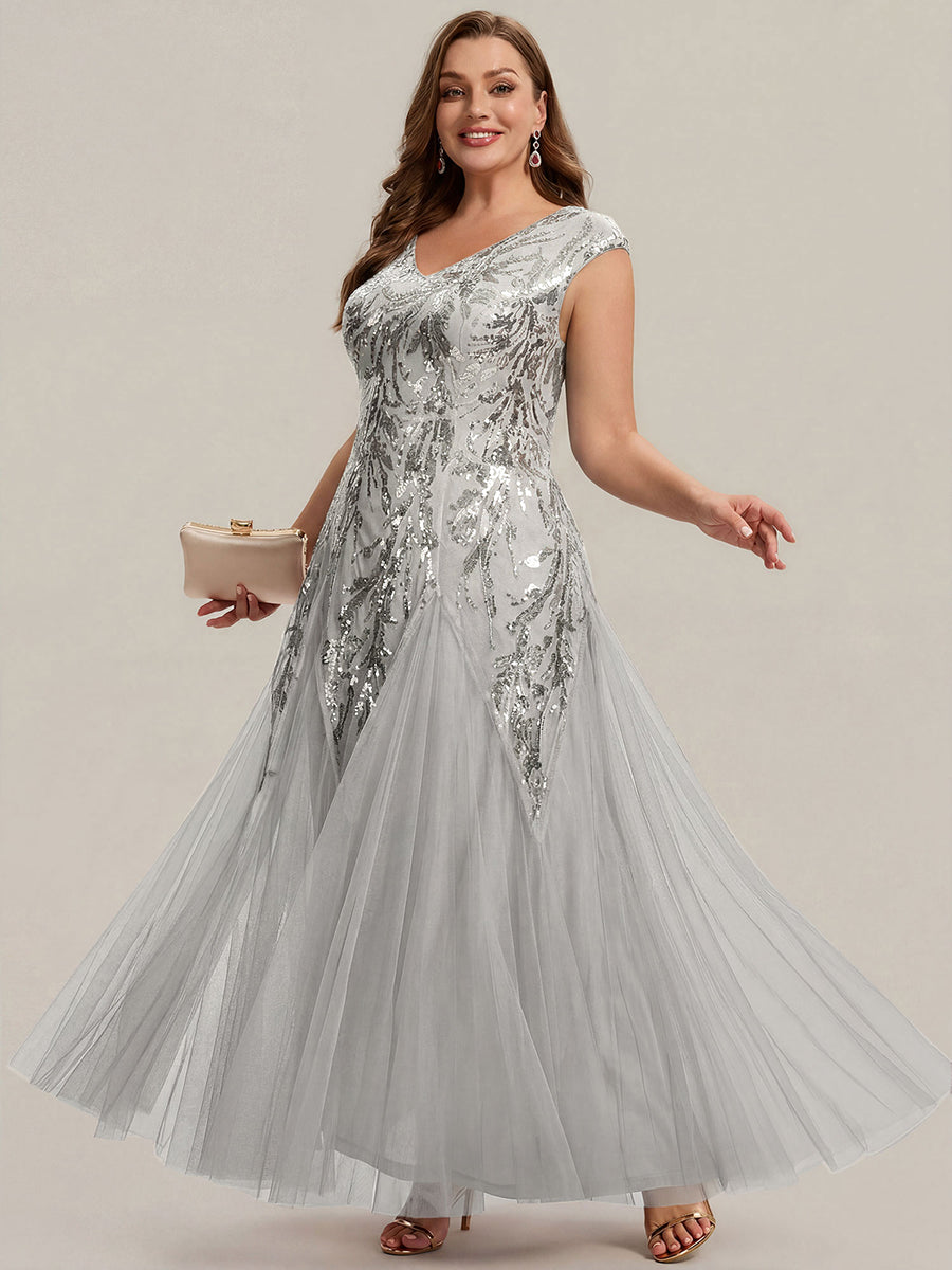 robe longue sans manches décolletée en V brodée de fleurs en A #Couleur_Argent