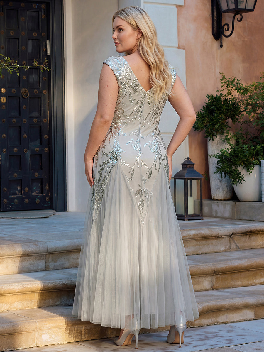 robe longue sans manches décolletée en V brodée de fleurs en A #Couleur_Argent
