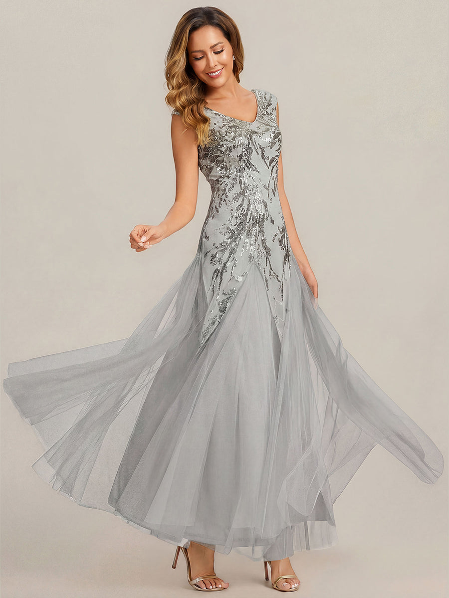 robe longue sans manches décolletée en V brodée de fleurs en A #Couleur_Argent