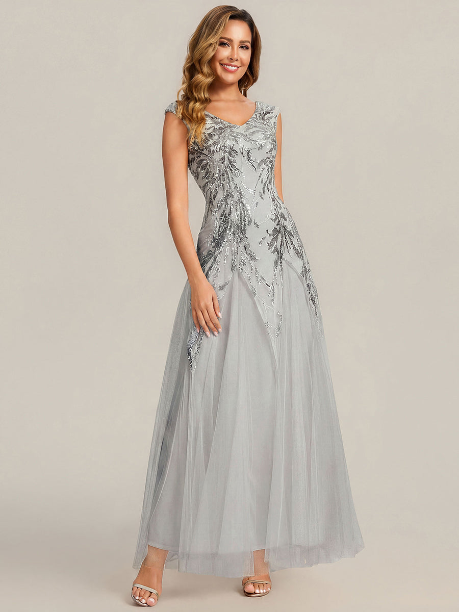 robe longue sans manches décolletée en V brodée de fleurs en A #Couleur_Argent