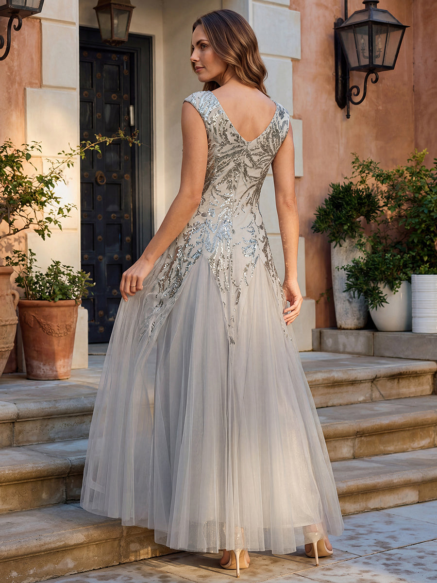 robe longue sans manches décolletée en V brodée de fleurs en A #Couleur_Argent