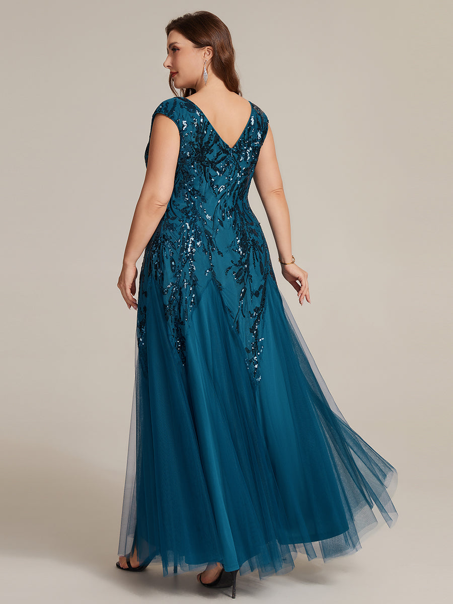robe longue sans manches décolletée en V brodée de fleurs en A #Couleur_Bleu Sarcelle