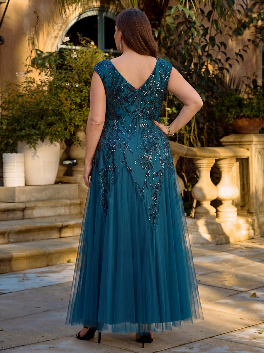 robe longue sans manches décolletée en V brodée de fleurs en A #Couleur_Bleu Sarcelle