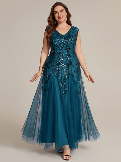 pretty FREYA|Robe Longue de Soirée Grande Taille Col V avec Broderies et Détails Brillants