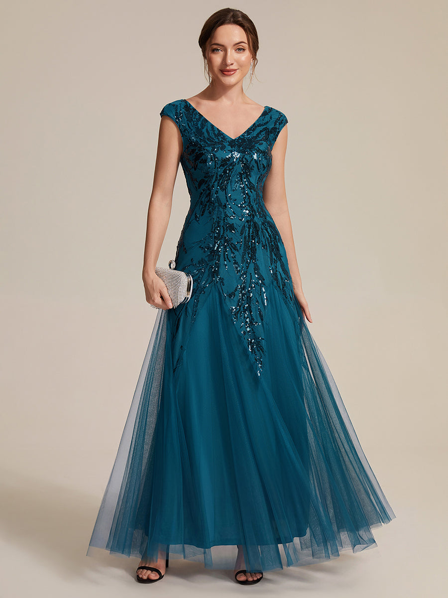 robe longue sans manches décolletée en V brodée de fleurs en A #Couleur_Bleu Sarcelle