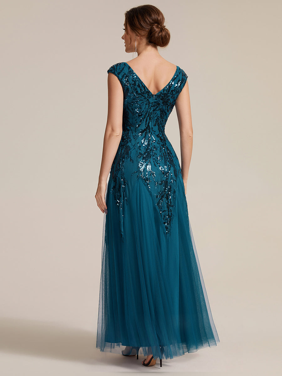 robe longue sans manches décolletée en V brodée de fleurs en A #Couleur_Bleu Sarcelle