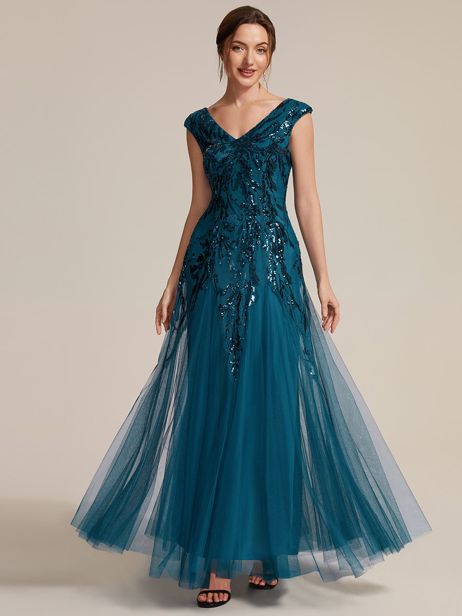 robe longue sans manches décolletée en V brodée de fleurs en A #Couleur_Bleu Sarcelle