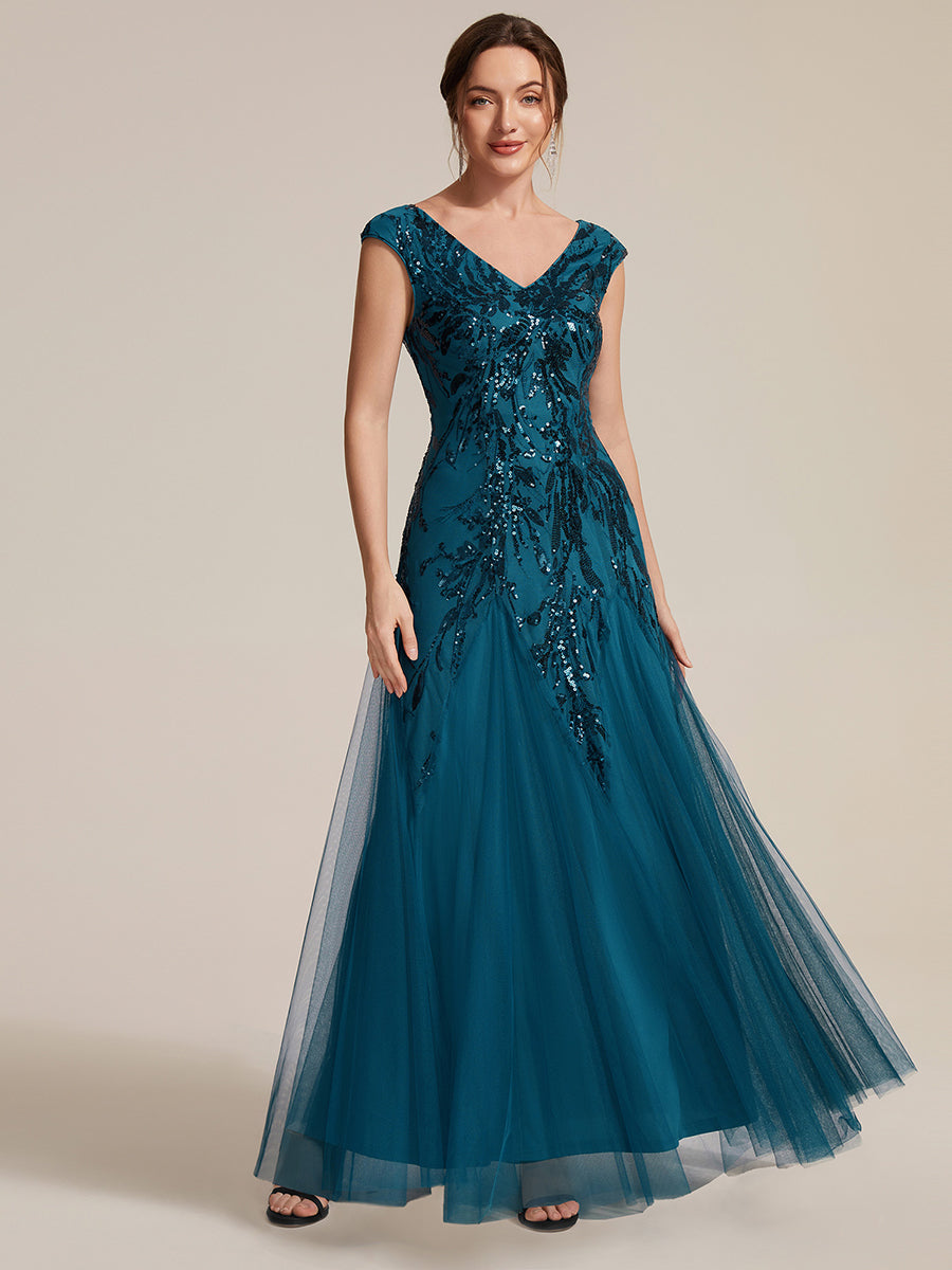 robe longue sans manches décolletée en V brodée de fleurs en A #Couleur_Bleu Sarcelle