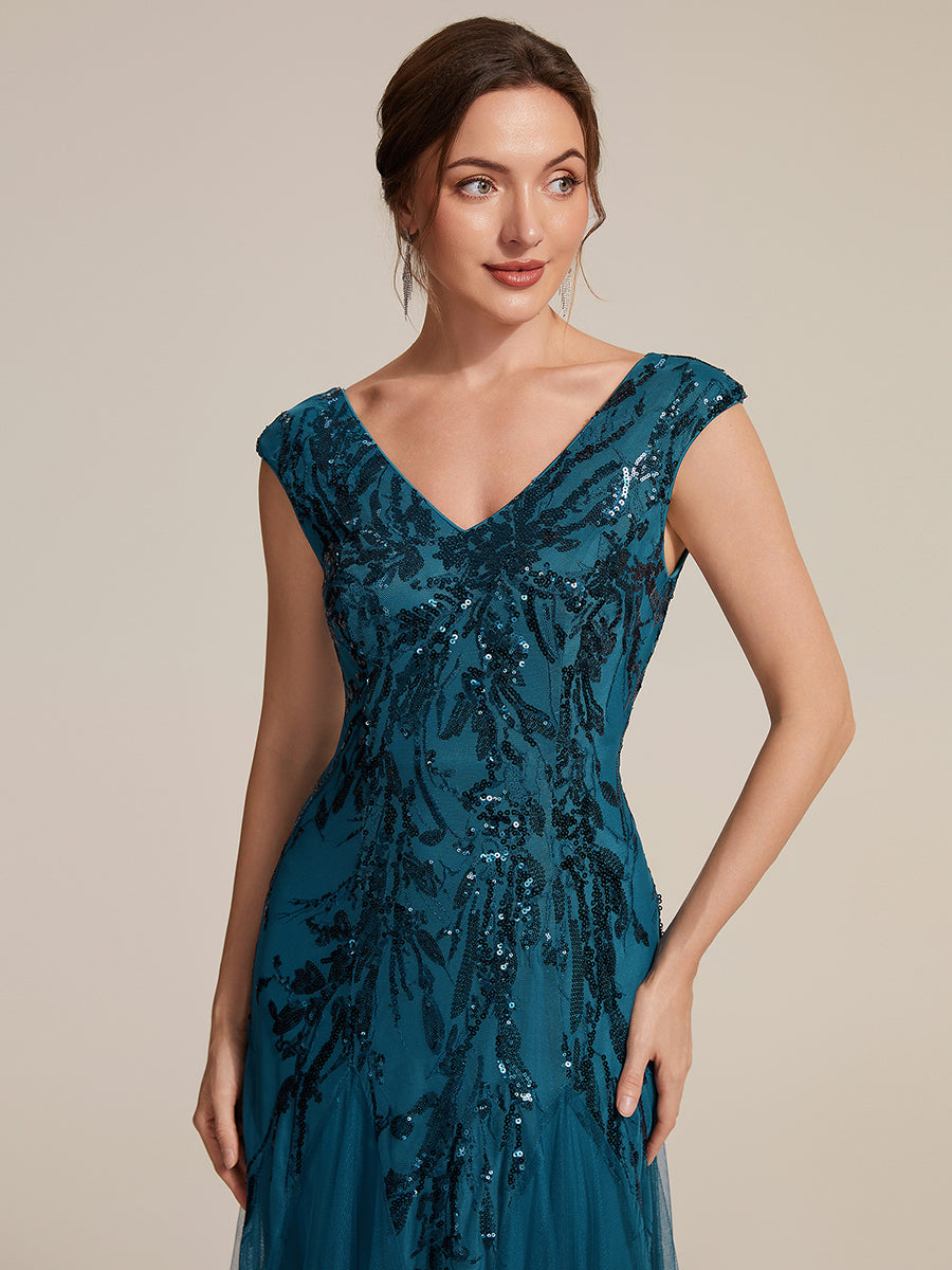 robe longue sans manches décolletée en V brodée de fleurs en A #Couleur_Bleu Sarcelle