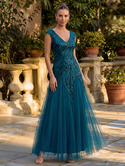 ever FREYA|Robe Longue de Soirée Chic en Tulle Brodé de Fleurs et Sequins