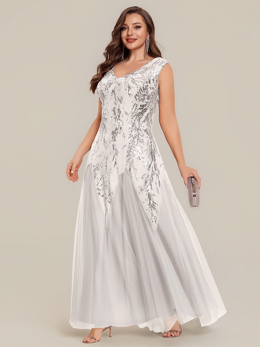 robe longue sans manches décolletée en V brodée de fleurs en A #Couleur_Blanc