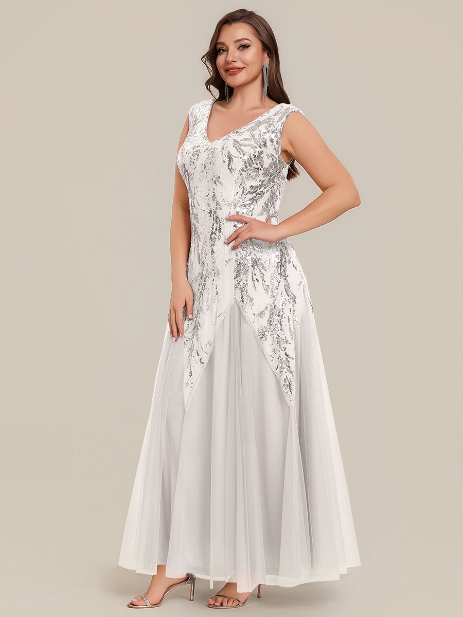 robe longue sans manches décolletée en V brodée de fleurs en A #Couleur_Blanc