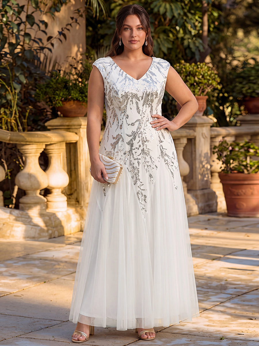 robe longue sans manches décolletée en V brodée de fleurs en A #Couleur_Blanc
