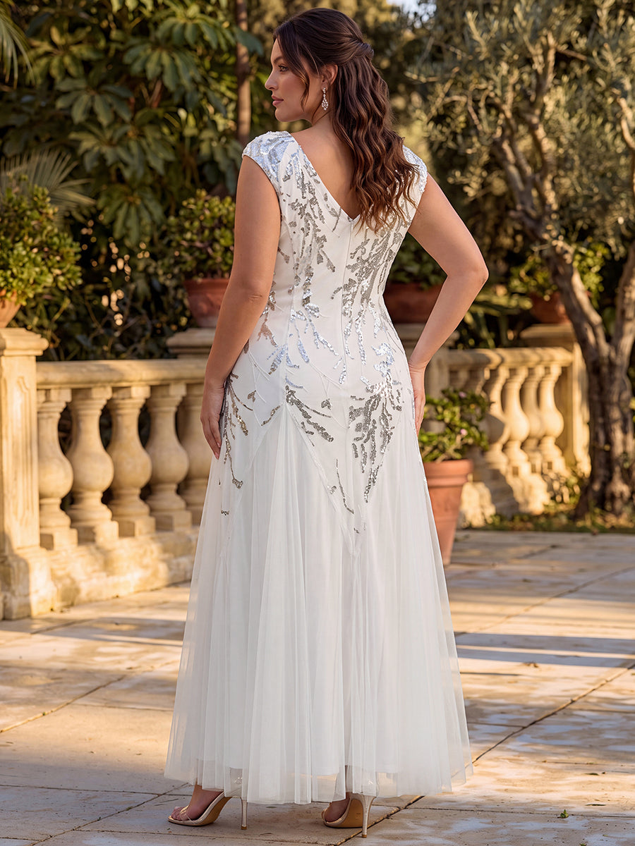 robe longue sans manches décolletée en V brodée de fleurs en A #Couleur_Blanc