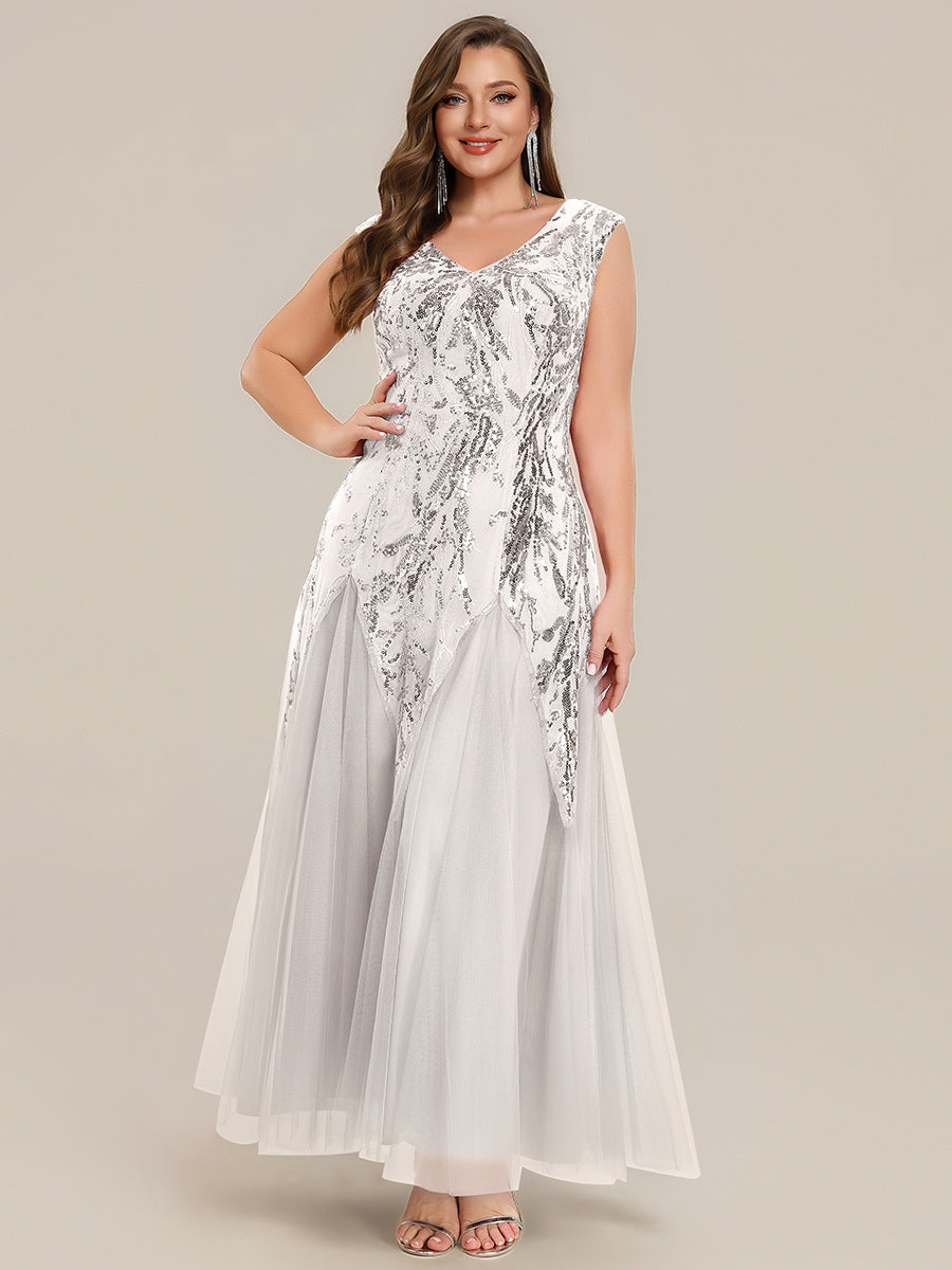 robe longue sans manches décolletée en V brodée de fleurs en A #Couleur_Blanc