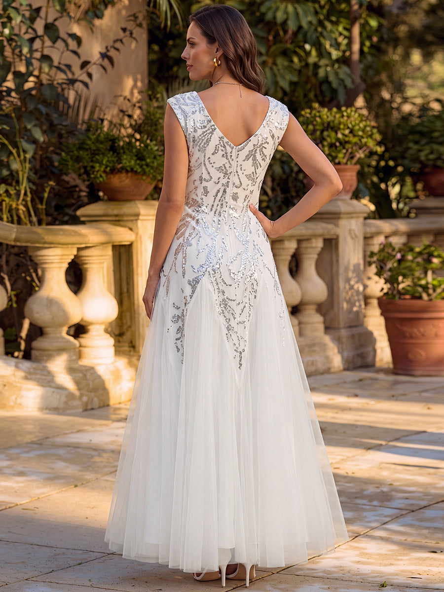 robe longue sans manches décolletée en V brodée de fleurs en A #Couleur_Blanc