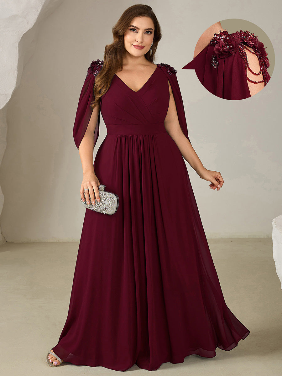 Robe de soirée chic à manches mi-longues en imprimé floral avec appliqués décolleté en V profond coupe A longueur de sol avec détails en perles #Couleur_Bordeaux