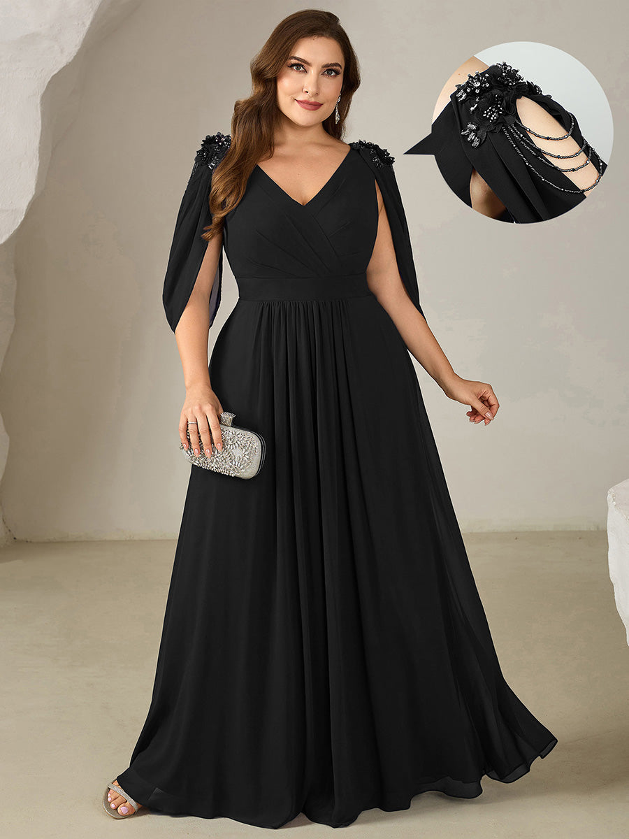 Robe de soirée chic à manches mi-longues en imprimé floral avec appliqués décolleté en V profond coupe A longueur de sol avec détails en perles #Couleur_Noir