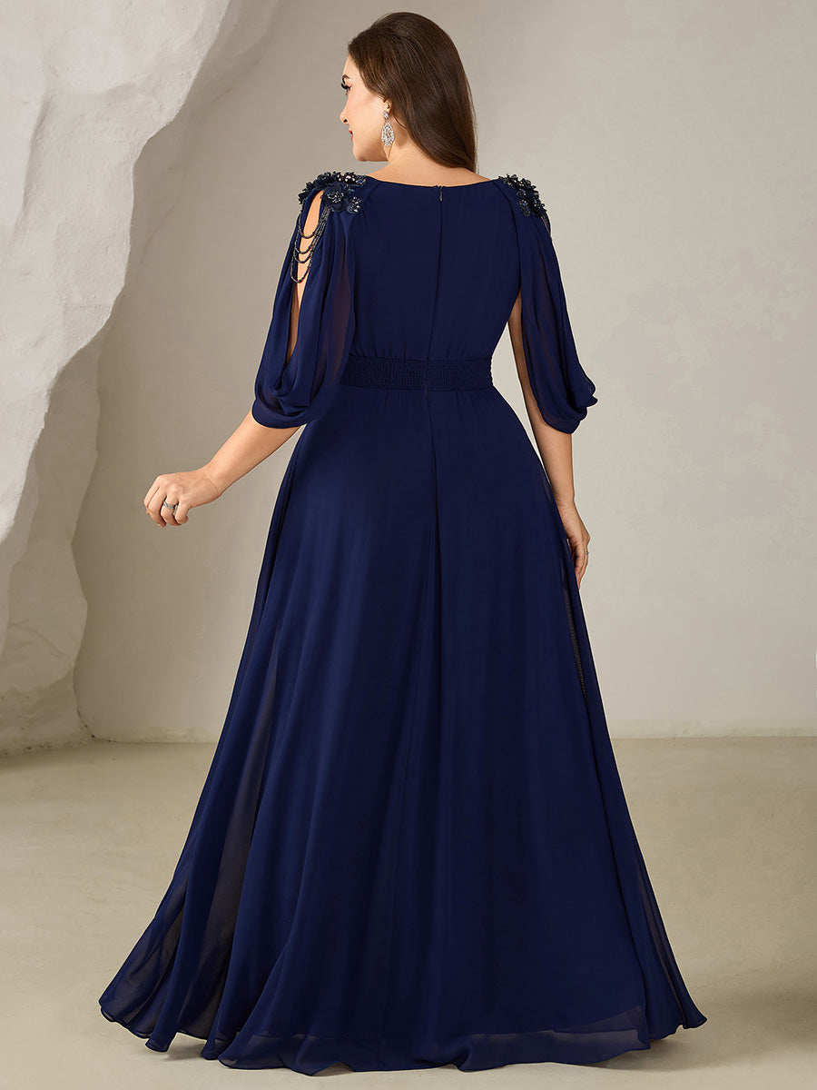 Robe de soirée chic à manches mi-longues en imprimé floral avec appliqués décolleté en V profond coupe A longueur de sol avec détails en perles #Couleur_Bleu Marine