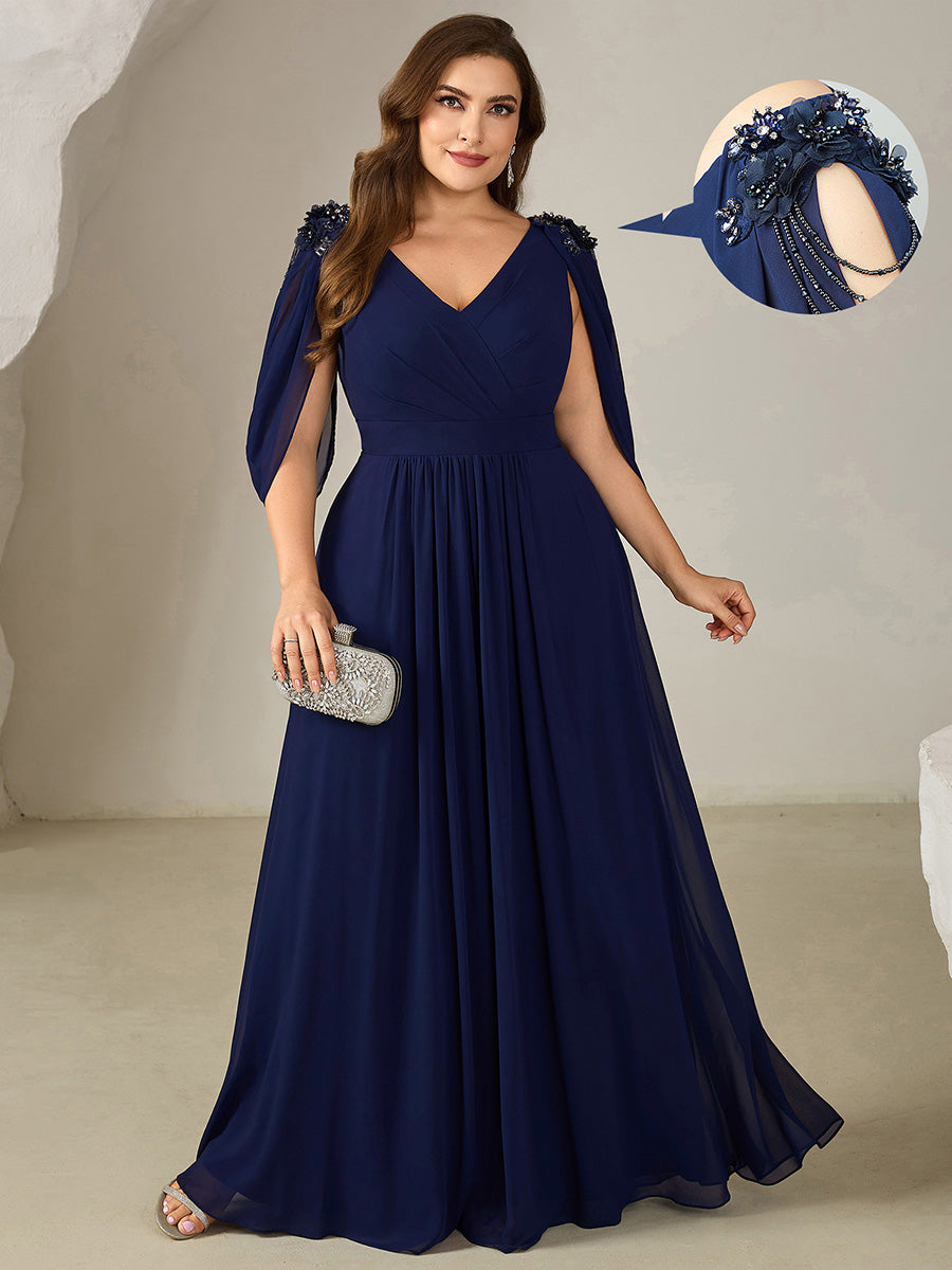 Robe de soirée chic à manches mi-longues en imprimé floral avec appliqués décolleté en V profond coupe A longueur de sol avec détails en perles #Couleur_Bleu Marine