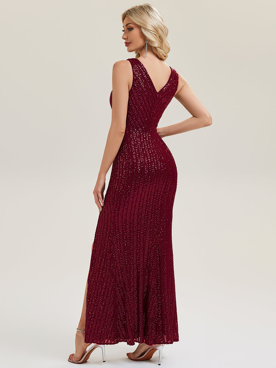 Robe de soirée sans manches à paillettes avec fente haute #Couleur_Bordeaux