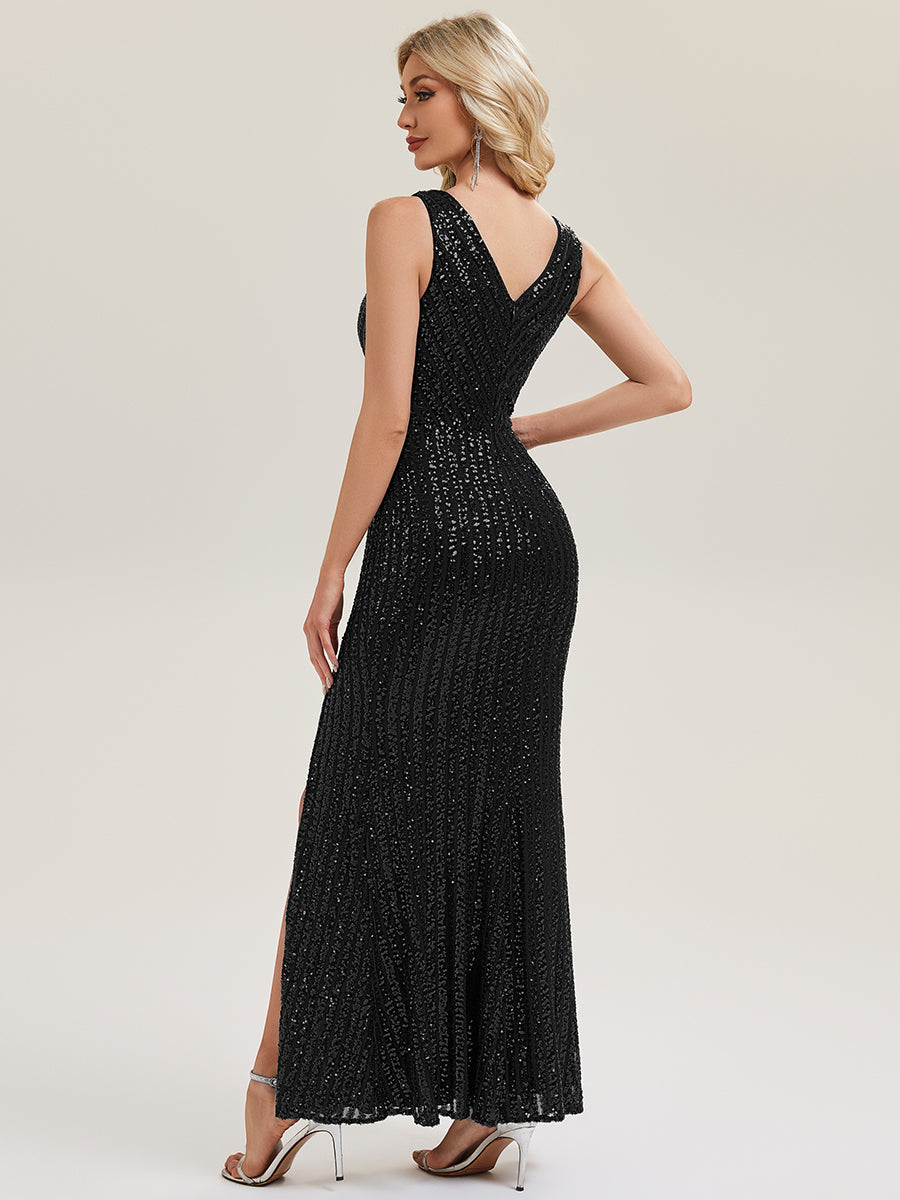 Robe de soirée sans manches à paillettes avec fente haute #Couleur_Noir